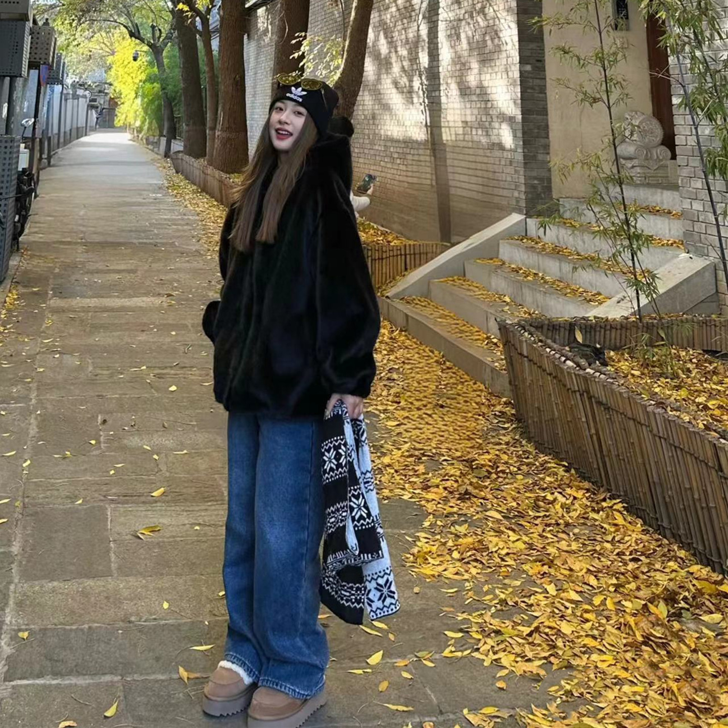 黑色连帽仿水貂皮毛一体皮草外套女韩版宽松百搭保暖冬季加厚保暖