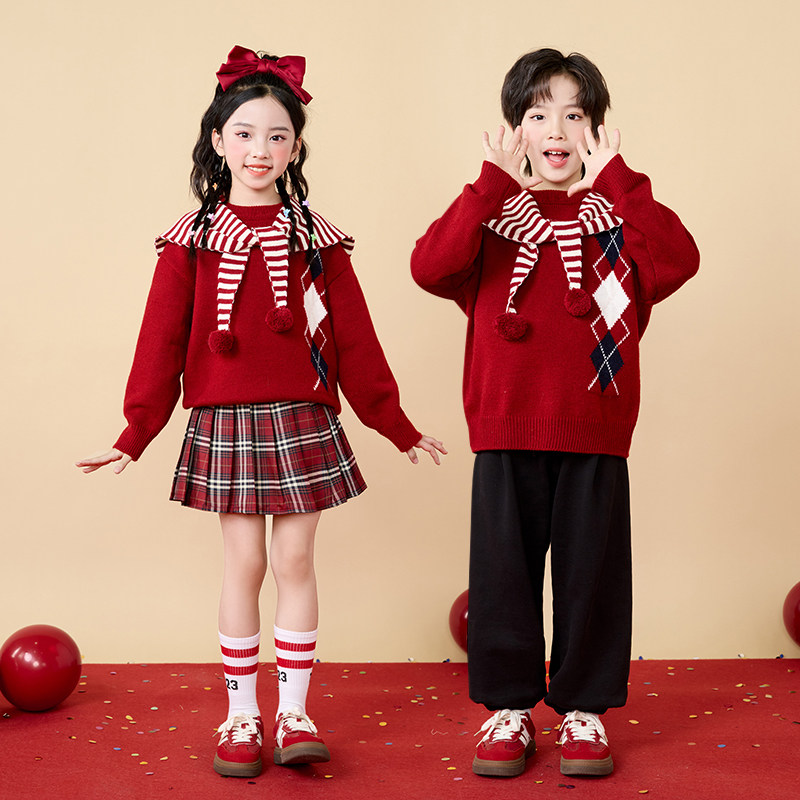 儿童合唱演出服男女童红色毛衣学儿童演出服
