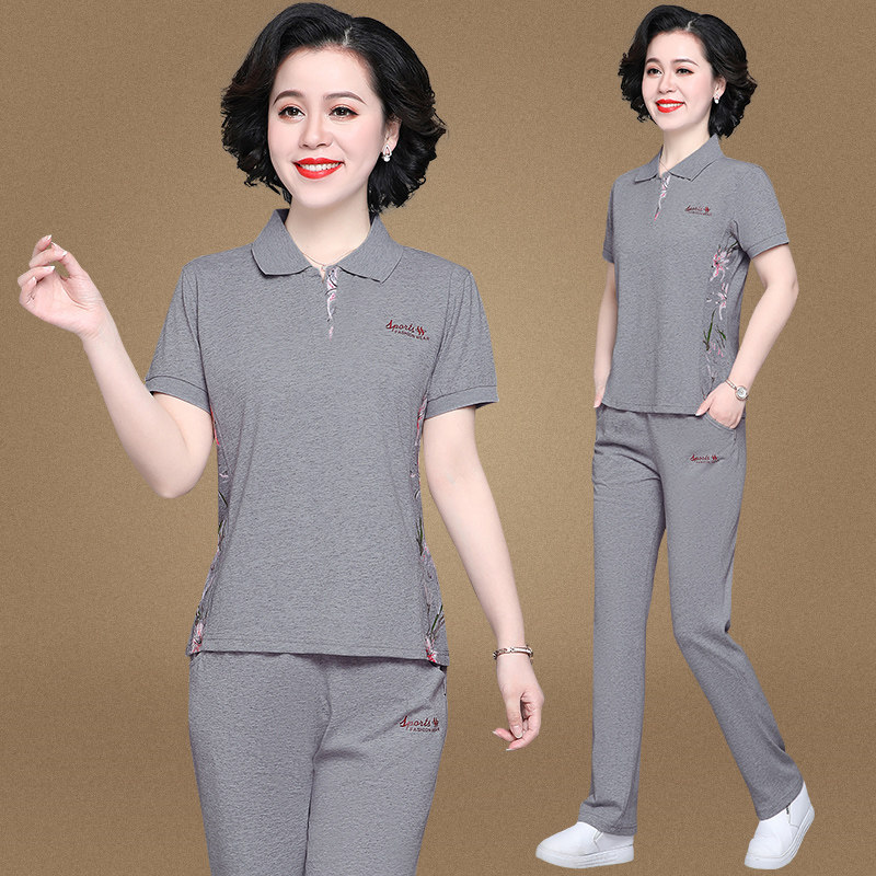 中老年奶奶夏装纯棉休闲运动服套装女50岁60中年妈妈夏季翻领短袖
