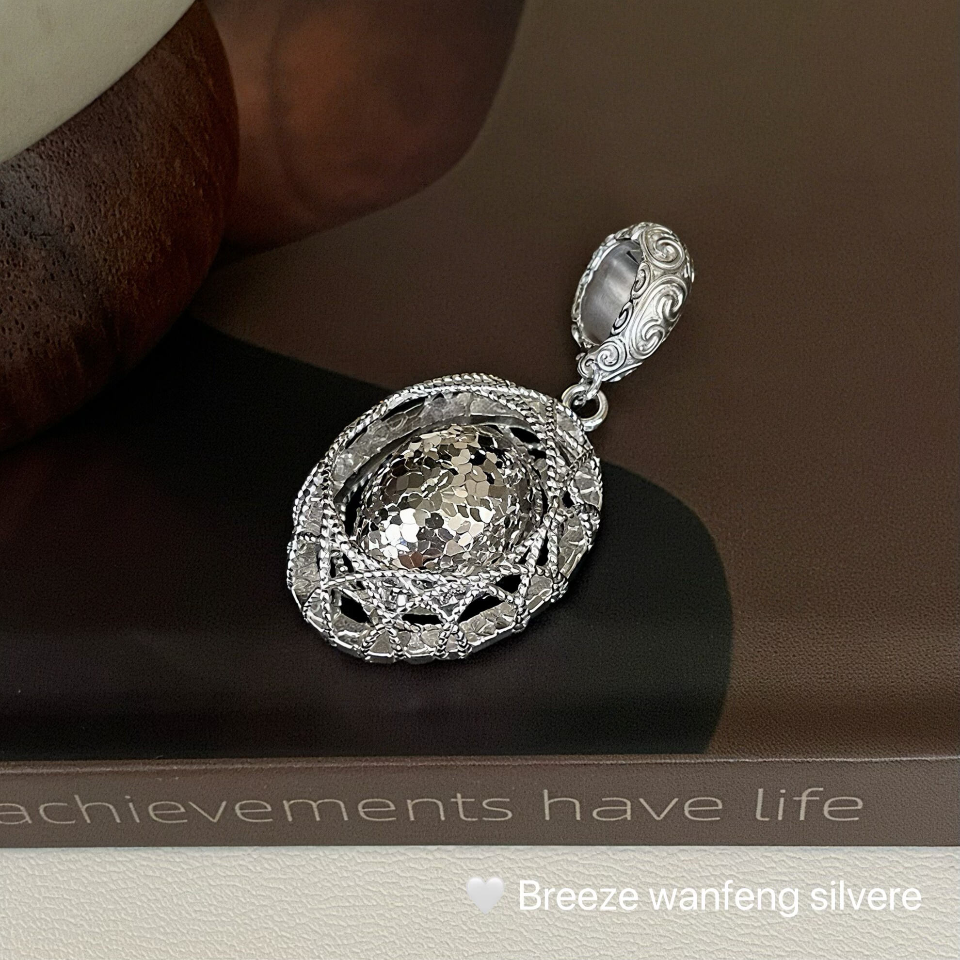 S925纯银拉丝碎冰冰车花球球吊坠小众设计轻奢风简约ins时尚百搭