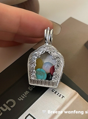 S925纯银复古彩珠嘎乌盒吊坠新中式唐草简约项链银饰