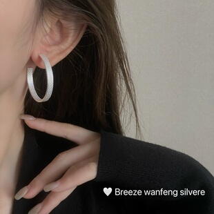 S925纯银编织开C形耳环简约ins麻花耳钉小众气质百搭高级感轻奢