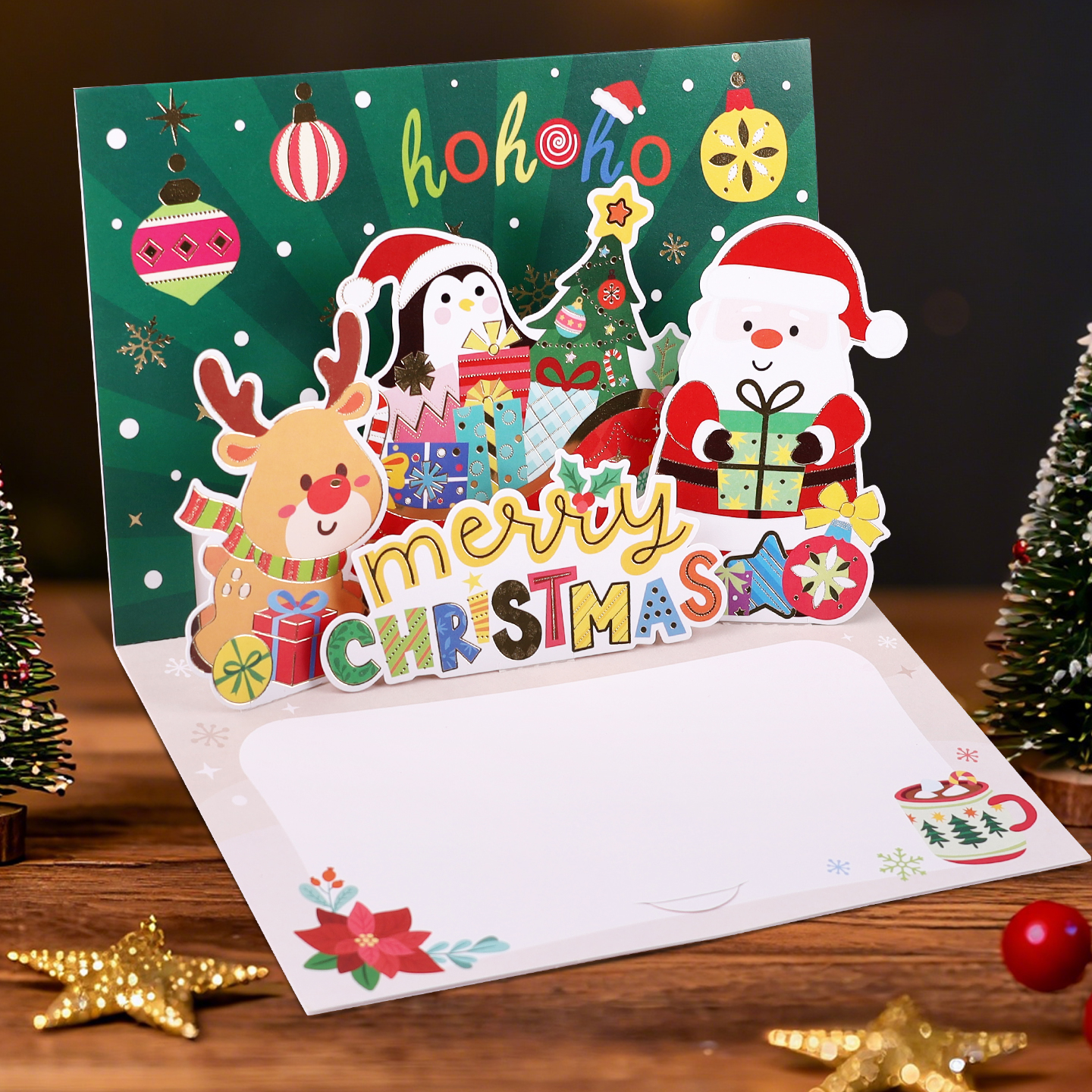 圣诞3D立体贺卡高级感圣诞节节日祝福折叠留言卡手写空白卡片英文创意儿童宝宝平安夜礼物糖果苹果礼盒明信片