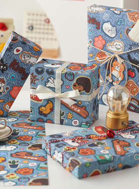 儿童生日礼物包装纸高级感酷酷牛仔礼品纸大尺寸打包材料卡通可爱包书纸礼盒的彩纸玩具零食糖果牛皮纸教师节