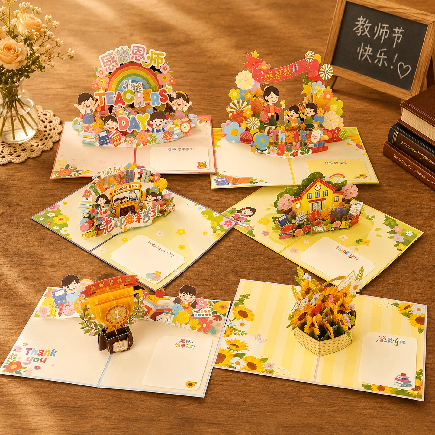 2026新款教师节3d立体贺卡高级感学生儿童幼儿园送老师祝福语留言对折卡片感谢手写信谢师礼物折叠明信片信封图片