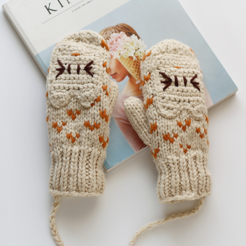 韩版卡通加绒加厚毛线手套女冬 保暖可爱学生全指日系针织手套