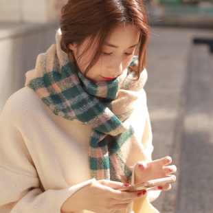 小清新深米绿格子柔软毛边长款仿羊绒围巾女冬季 韩系保暖百搭