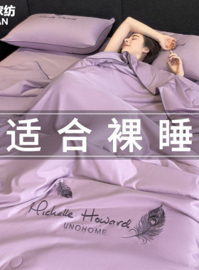紫色刺绣夏季冰丝四件套凉感空调被可机水洗被单双人夏天薄款被子