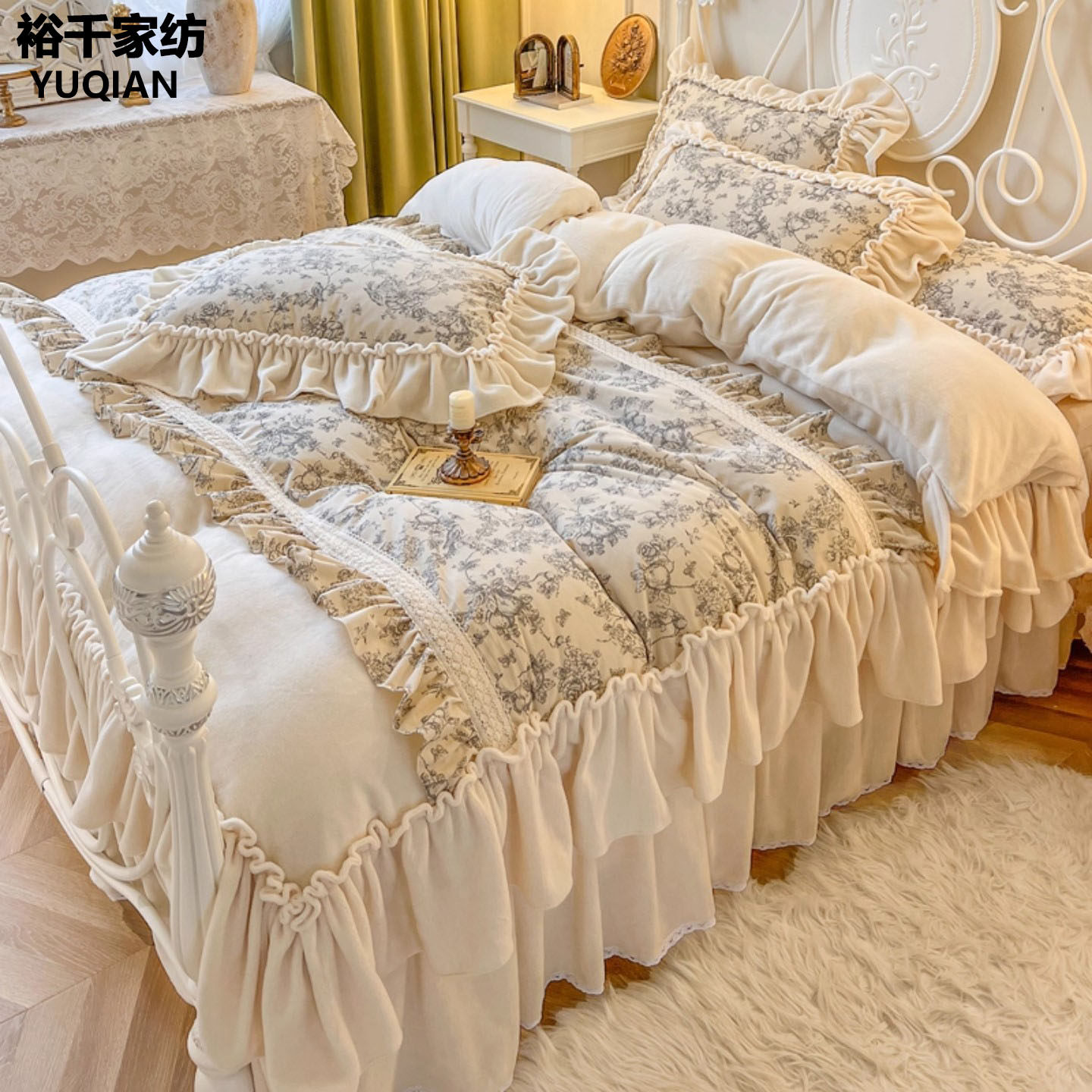 北欧法式冬季牛奶绒四件套公主风2026新款加绒加厚双面珊瑚绒被套