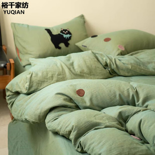 泡芙奶油绿全棉四件套100纯棉双层纱床品轻奢高级感主卧室床笠款