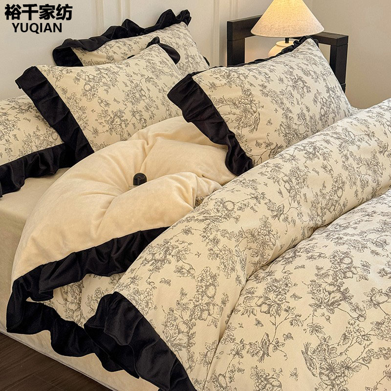 法式轻奢小香风牛奶绒四件套高级感主卧室双面毛绒珊瑚绒床单被套