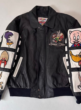 1996年产 绝版vintage古着乐一通复古卡通LOONEY TUNES真皮皮夹克