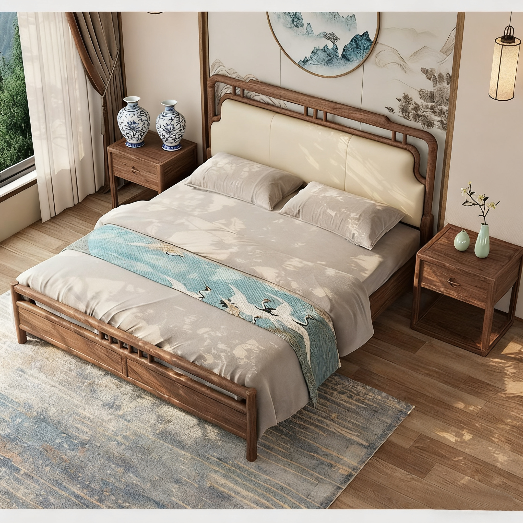 新中式实木床禅意北美白蜡木现代简约双人床宋式美学家具主卧婚床