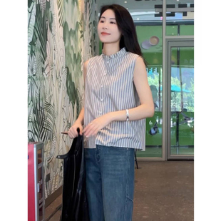 春夏秋都OK 荷叶领叠穿无袖 麦ya 新款 条纹气质上衣 纯棉衬衫 女夏季