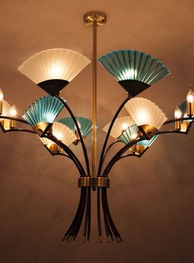 后现代蓝色玻璃扇形扇子吊灯家用广东餐厅样板房会所装饰吊灯loft