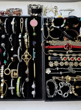 外贸复古金属风个性厚金保色镶钻手镯女时尚做旧手链手环混发