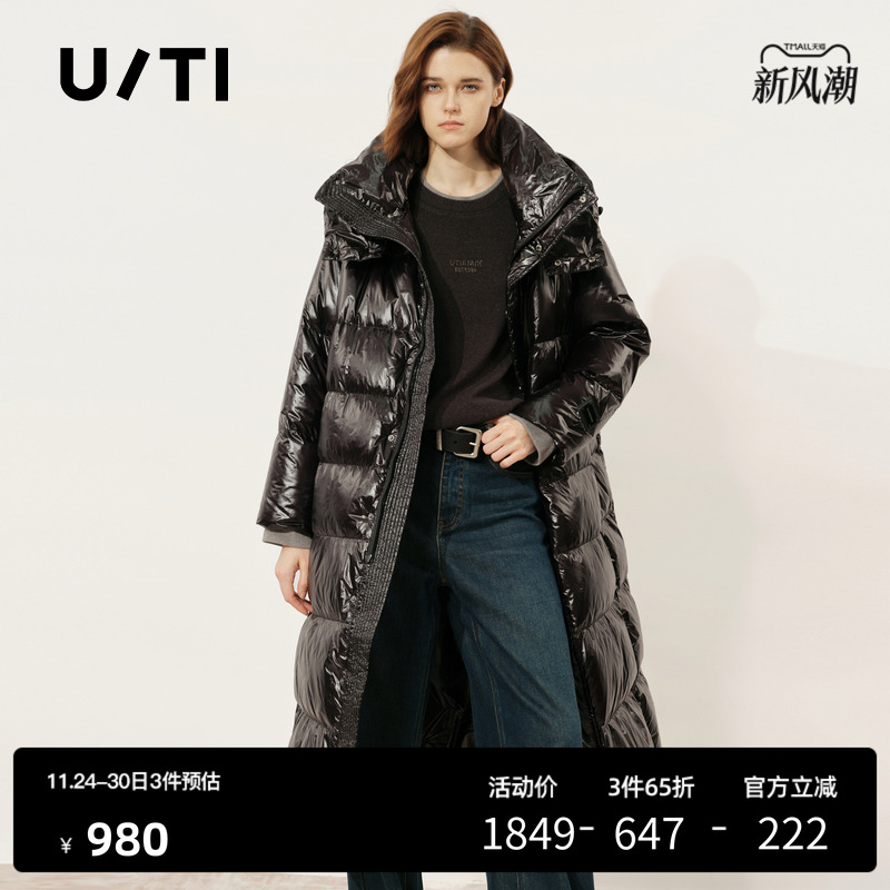 U/TI黑色高街长款羽绒服女装设计感轻盈鸭绒外套尤缇时尚冬季新款