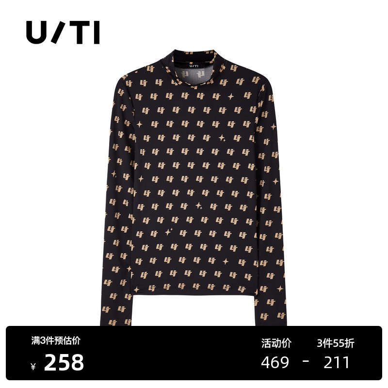U/TI满版字母印花加高T恤女 复古老花皮肤打底衣尤缇2025春季新款