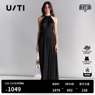 新款 设计感重工长裙连衣裙尤缇2025夏季 TI缎面风琴褶挂脖裙女装