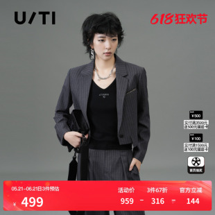 U/TI深灰色条纹短款西装女百搭高腰正肩高腰外套尤缇2025春季新款