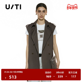 U/T军绿色短款风衣马夹女装 设计感通勤无袖外套尤缇2025秋季新款