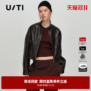 黑色休闲外套机车圆领复古皮衣夹克女 TI尤缇2025春季 专柜新款