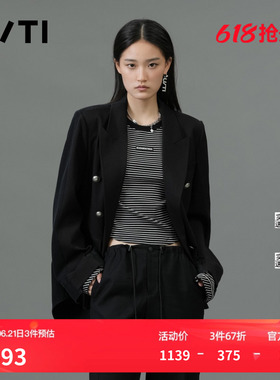 U/TI黑色设计感拼接西装女百搭简约垂感通勤外套尤缇2025春季新款
