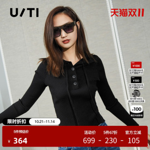 女百搭修身 黑色小翻领纽扣毛衫 潮上衣尤缇时尚 春季 新款 TI联名款