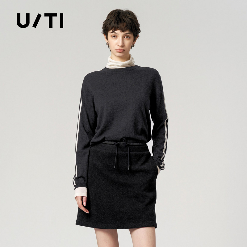 U/TI灰色假两件织带山羊绒毛衫女装棉质上衣简约尤缇时尚冬季新款