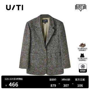 新款 秋季 女百搭通勤风休闲外套尤缇时尚 TI军绿色复古粗花呢西装