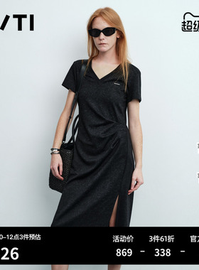 U/TI黑色棉感短袖连衣裙女V领收腰捏褶直筒中裙 尤缇2026夏季新款