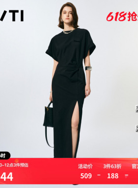 U/TI黑色开衩棉感连衣裙女 设计感褶皱T恤裙长裙尤缇2025春季新款
