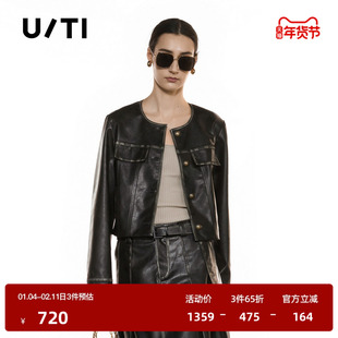 U/TI复古擦色皮外套女装简约做旧通勤风无领上衣尤缇2025秋季新款