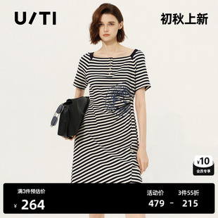 U/TI条纹短袖连衣裙女海军风方领印花收腰中裙子尤缇2026春季新款