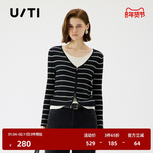 U/TI拉链V领黑白条纹假两件开衫女 短款简约毛衫尤缇2025秋季新款