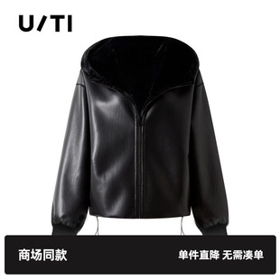黑色加厚绒感皮面休闲外套通勤酷上衣女 TI尤缇2025冬季 专柜新款