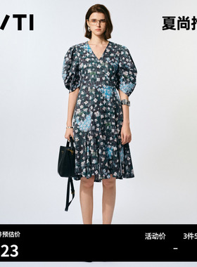 U/TI休闲A字裙女装百搭V领羊角袖花版短袖连衣裙尤缇2025夏季新款