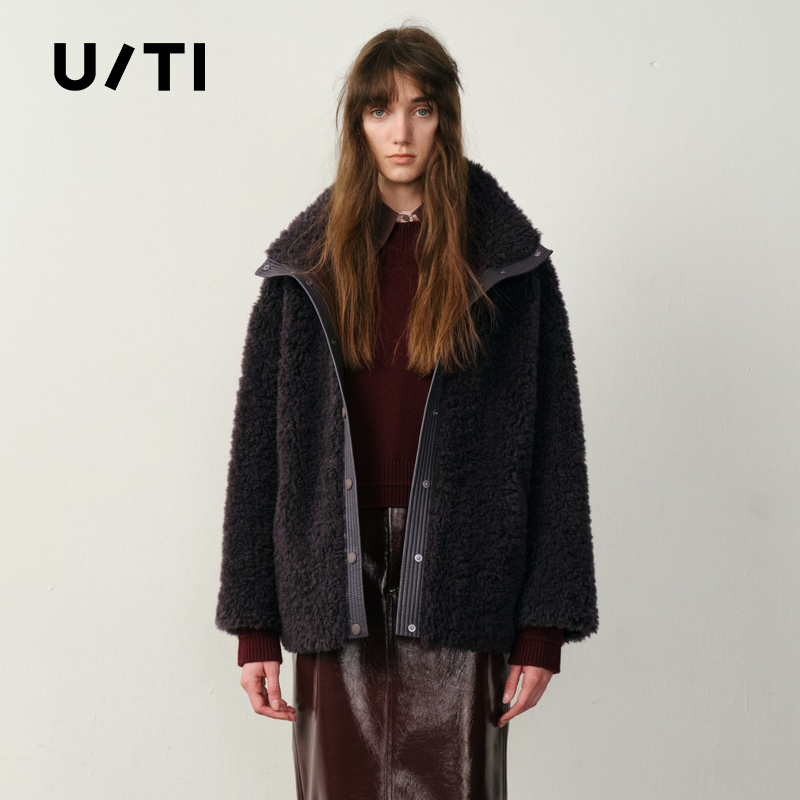 U/TI立领拼接毛绒外套女通勤显瘦圈圈毛加厚上衣尤缇2025冬季新款