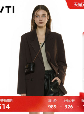 U/TI翻领咖色双排扣西装外套女简约通勤休闲上衣尤缇2025秋季新款