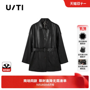 专柜新款U/TI尤缇2026秋黑色翻领收腰系带中长款PU皮衣机车外套女