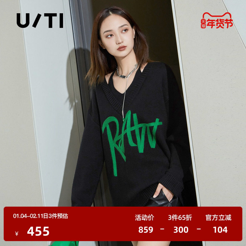 U/TI黑色字母提花挂脖V领毛衣女 百搭针织衫上衣尤缇时尚春季新款,女装/女士精品,毛针织衫,淘宝优惠券,粉丝福利购,淘宝优惠卷