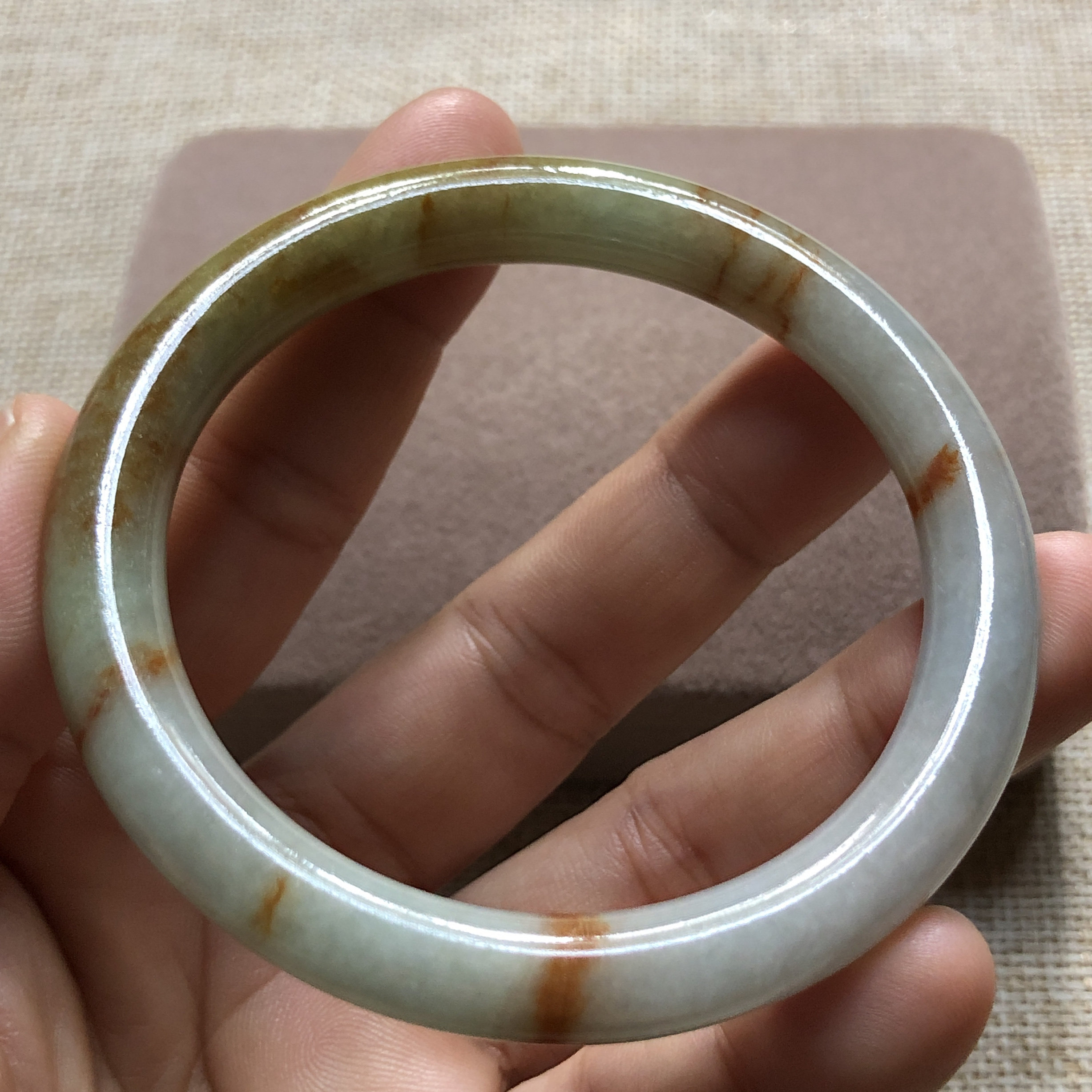 缅甸玉石A货翡翠玉器54mm洒金飘红翡黄翡特色圆条手镯玉镯捡漏价