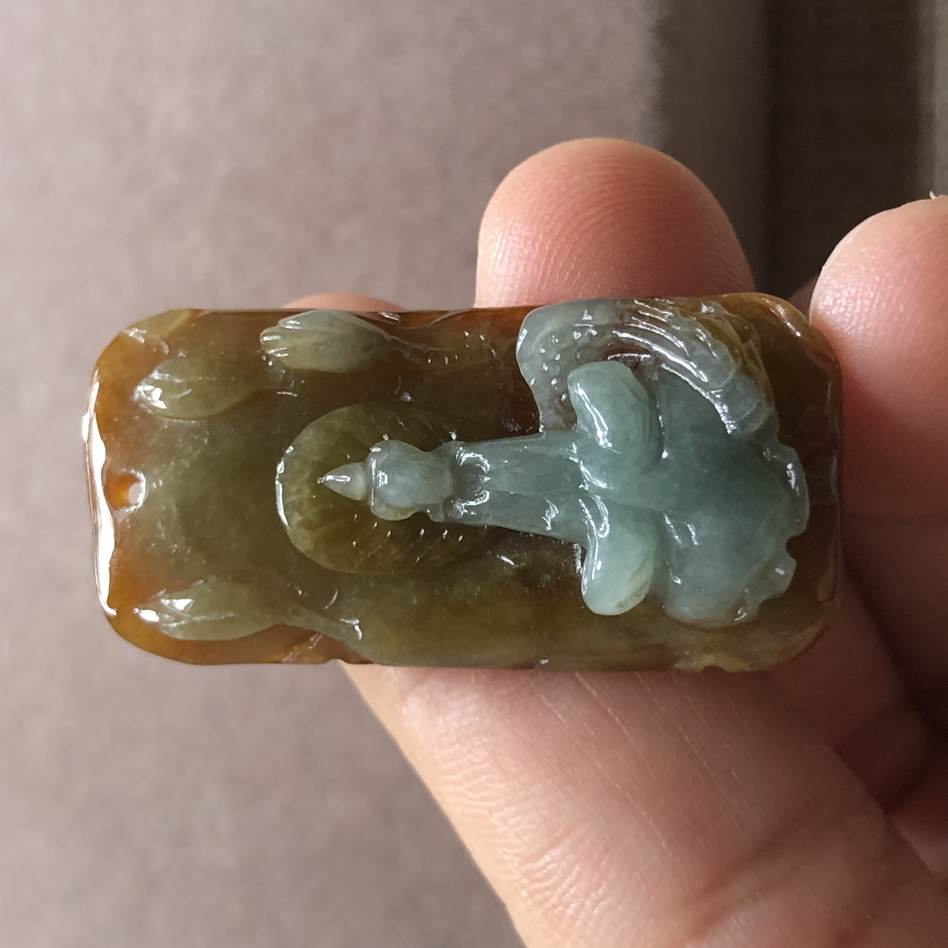 缅甸玉石A货翡翠玉器玉雕文玩黄皮双彩巧雕无相观音小玉牌吊坠