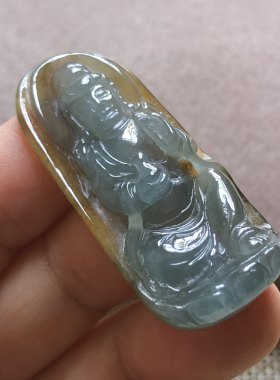 缅甸玉石A货翡翠玉雕玉器文玩老坑料起胶冰黄皮双彩巧雕观音玉牌