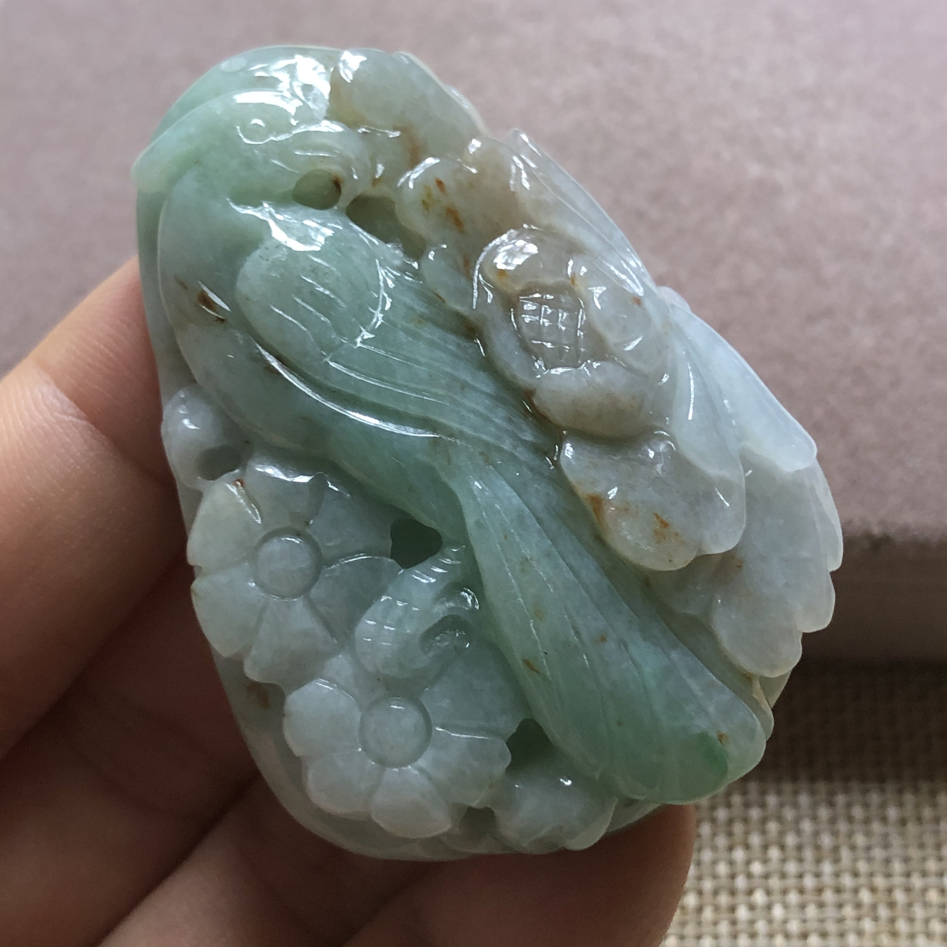 缅甸玉石A货翡翠玉雕飘绿洒金巧雕喜上眉梢花开富贵厚装挂件吊坠