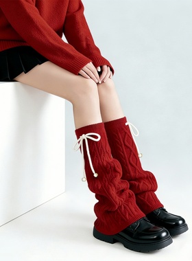 冬季学院风少女J2K童新年红低弹绑带灰羊毛白色堆堆中长筒袜腿套