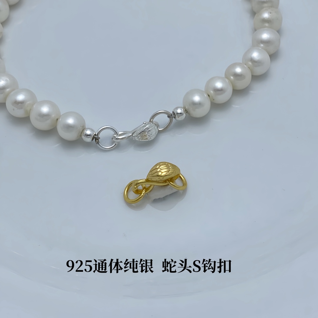S925纯银镀金蛇头带双环珍珠扣子配件diy手工串珠项链手链连接扣