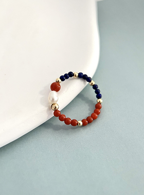 VerGem原创天然南红玛瑙青金石指环小指戒尾美国14k包金关节戒指