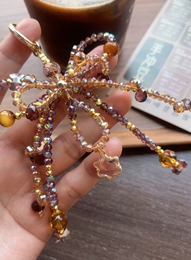 太妃糖~美拉德手工水晶蝴蝶结手机链爆闪多层串珠挂件包包挂饰咖