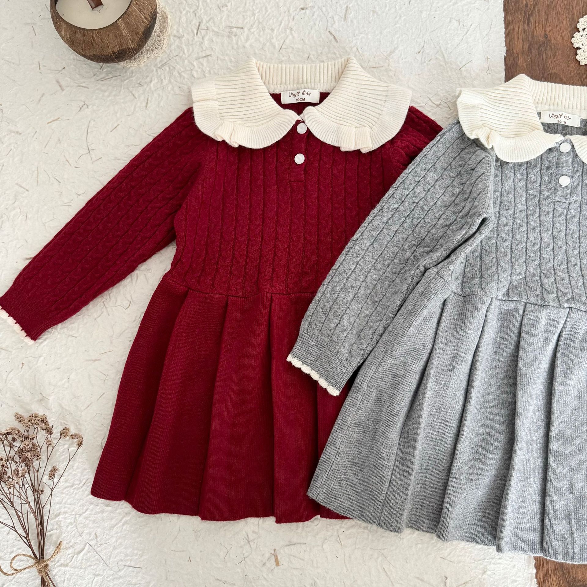 小洛特90-140出口女童毛线针织连衣裙加厚麻花翻领毛线连衣裙